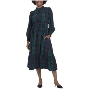 SUGAR LIPS Hudson Plaid Caitlyn Bishop Sleeve Midi Dress